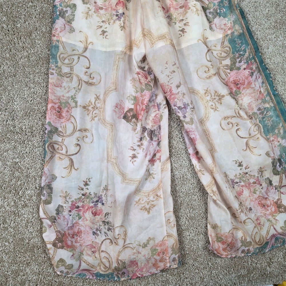 Womens Floral Baroque Wide Leg Palazzo Pants Teal Pink Romantic Boho Drawstring - Picture 9 of 9